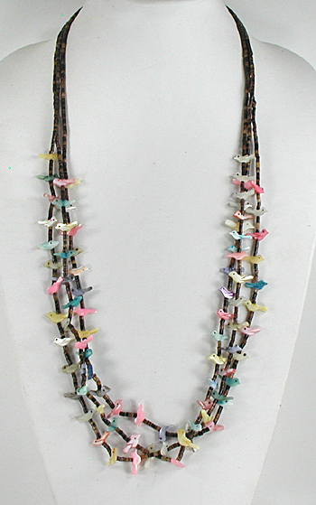 30 inch long 3-strand bird necklace of shell birds and olive shell heishi, excellent condition