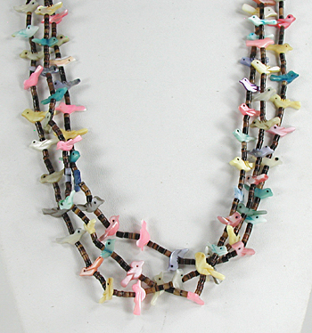 30 inch long 3-strand bird necklace of shell birds and olive shell heishi, excellent condition