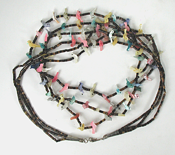 30 inch long 3-strand bird necklace of shell birds and olive shell heishi, excellent condition
