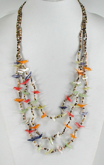 30 inch long 3-strand bird necklace of shell birds and olive shell heishi, excellent condition
