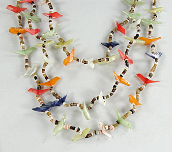 30 inch long 3-strand bird necklace of shell birds and olive shell heishi, excellent condition