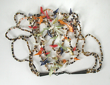 30 inch long 3-strand bird necklace of shell birds and olive shell heishi, excellent condition