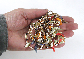 30 inch long 3-strand bird necklace of shell birds and olive shell heishi, excellent condition
