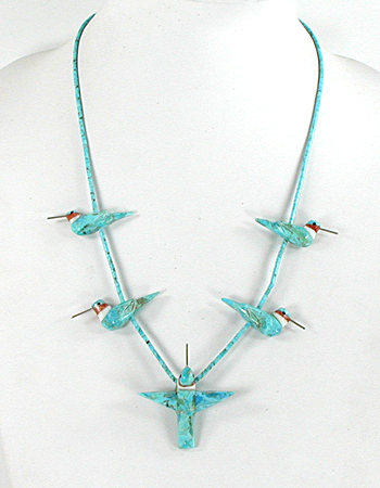 23 inch turquoise heishi hummingbird necklace by artisans Matt and Stephanie Mitchell