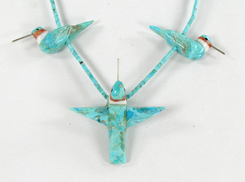 blue block turquoise 23 inch Heishi hummingbird Necklace by Anglo artisans Matt and Stephanie Mitchell