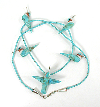 blue block turquoise 23 inch Heishi hummingbird Necklace by Anglo artisans Matt and Stephanie Mitchell
