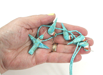 23 inch turquoise heishi hummingbird necklace by artisans Matt and Stephanie Mitchell