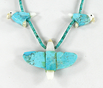 blue block turquoise 23 inch Heishi Eagles Necklace by Anglo artisans Matt and Stephanie Mitchell