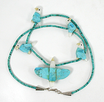 blue block turquoise 23 inch Heishi Eagles Necklace by Anglo artisans Matt and Stephanie Mitchell