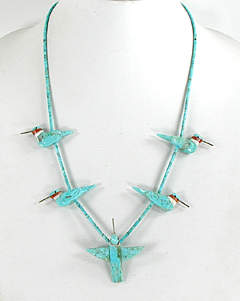 24 inch turquoise heishi hummingbird necklace by artisans Matt and Stephanie Mitchell