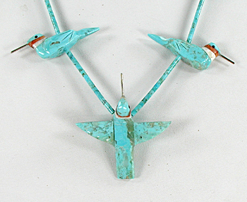 blue block turquoise 24 inch Heishi hummingbird Necklace by Anglo artisans Matt and Stephanie Mitchell
