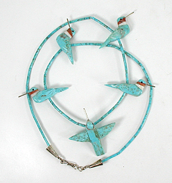 blue block turquoise 24 inch Heishi hummingbird Necklace by Anglo artisans Matt and Stephanie Mitchell