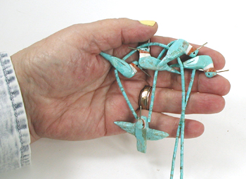 24 inch turquoise heishi hummingbird necklace by artisans Matt and Stephanie Mitchell