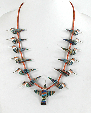 rainbow calsilica hummingbird and coral heishi necklace 27 inch by Anglo artisans Matt and Stephanie Mitchell
