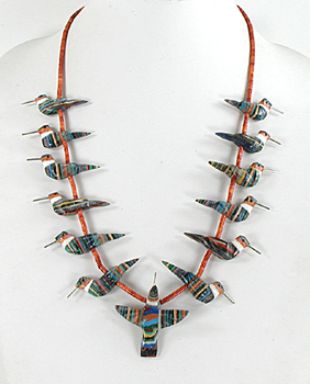 rainbow calsilica hummingbird and coral heishi necklace 24 inch by Anglo artisans Matt and Stephanie Mitchell