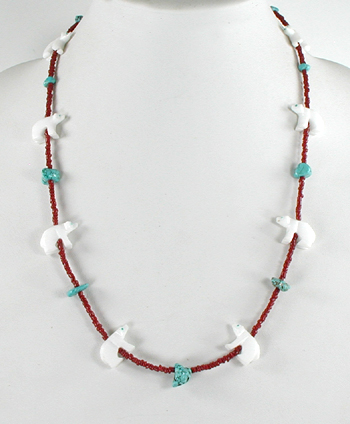 alabaster bears and coral heishi with tuquoise nugget necklace 23 inches long