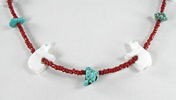 alabaster bears and coral heishi with tuquoise nugget necklace 23 inches long