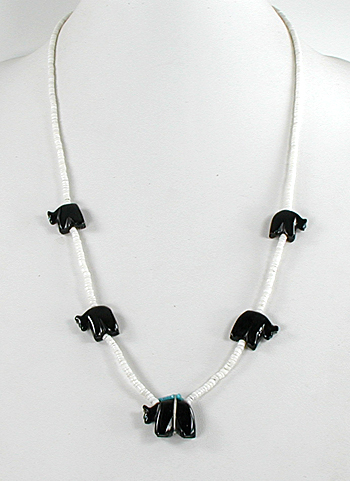 Acoma jet bears and white clam shell heishi necklace 26 inches long, excellent condition