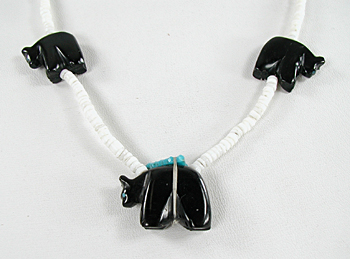 Acoma jet bears and white clam shell heishi necklace 26 inches long, excellent condition