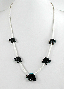 Acoma jet bears and white clam shell heishi necklace 26 inches long, excellent condition
