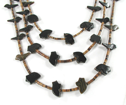 Acoma jet bears and birds with olive shell heishi necklace 28 inches long, excellent condition