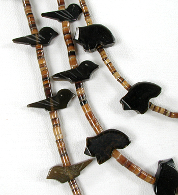 Acoma jet bears and birds with olive shell heishi necklace 28 inches long, excellent condition