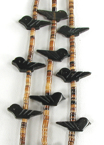 Acoma jet bears and birds with olive shell heishi necklace 28 inches long, excellent condition