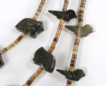 Acoma jet bears and birds with olive shell heishi necklace 28 inches long, excellent condition