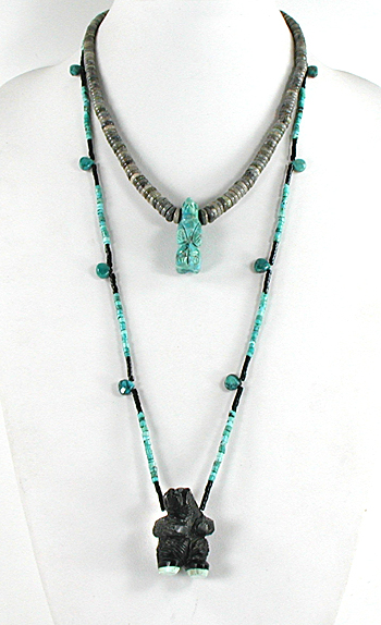 lot of two bear necklaces with jet bear and turquoise bear, excellent condition