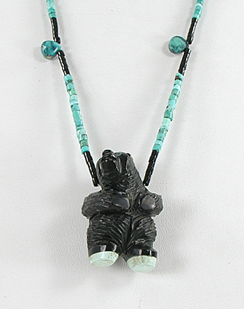 lot of two bear necklaces with jet bear and turquoise bear, excellent condition