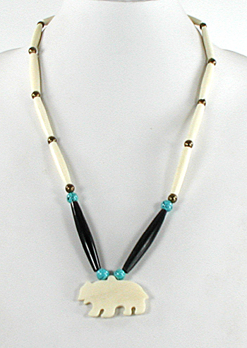 bear and hairpipe bead necklace of bone 24 inches, excellent condition