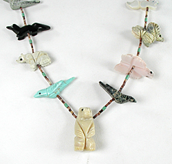 turquoise and olive shell heishi and mixed stone animal necklace 28 inches long