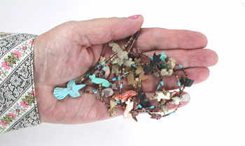 two strand mixed stone animals and heishi necklace 29 inches long