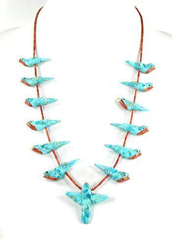 Songbird and coral heishi necklace 26 inch by Anglo artisans Matt and Stephanie Mitchell
