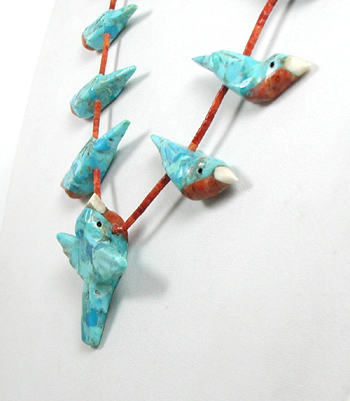 Songbird and coral heishi necklace 26 inch by Anglo artisans Matt and Stephanie Mitchell
