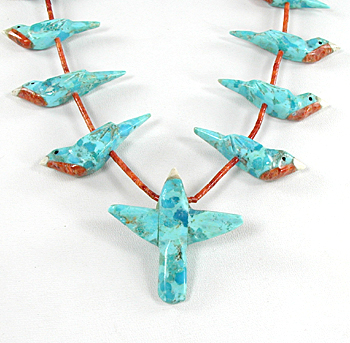 Songbird and coral heishi necklace 26 inch by Anglo artisans Matt and Stephanie Mitchell