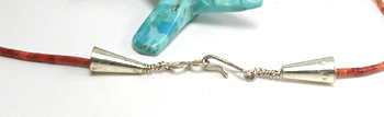 Songbird and coral heishi necklace 26 inch by Anglo artisans Matt and Stephanie Mitchell