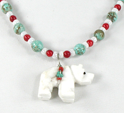 white marble bear pendant on colorful bead necklace 22 inches long
