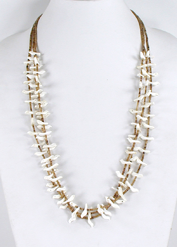 olive shell heishi and white shell birds necklace 29 1/2 inches long