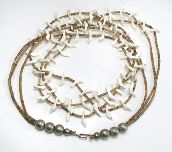 olive shell heishi and white shell birds necklace 29 1/2 inches long