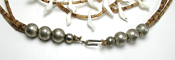 olive shell heishi and white shell birds necklace 29 1/2 inches long