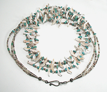 olive shell heishi and white shell birds necklace 30 1/2 inches long