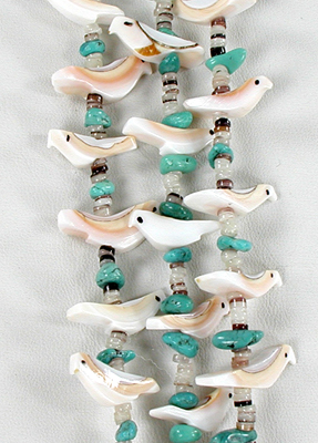 olive shell heishi and white shell birds necklace 30 1/2 inches long