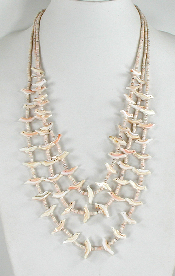 3-strand shell heishi and shell birds necklace 25 1/2 inches long