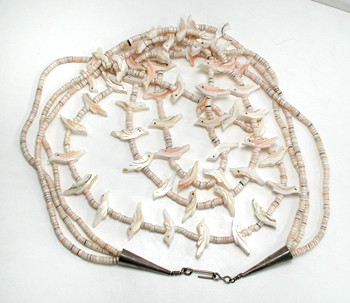 3-strand shell heishi and shell birds necklace 25 1/2 inches long