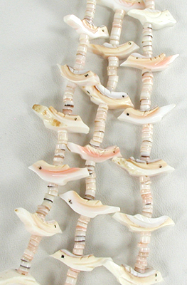 3-strand shell heishi and shell birds necklace 25 1/2 inches long