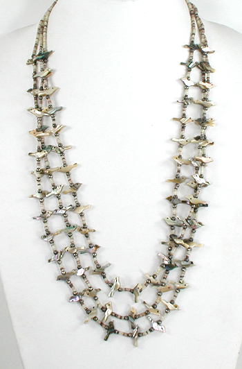 3-strand abalone birds necklace 26 1/2 inches long