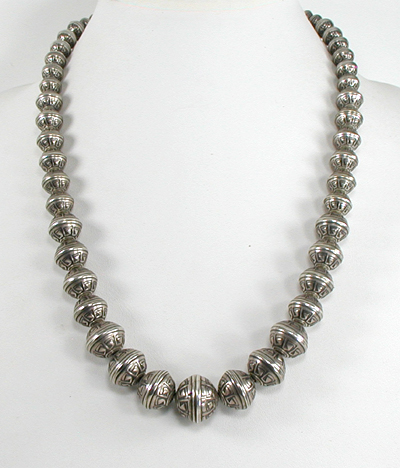 Graduated Stamped sterling silver Bead Necklace 22 1/2 inches long