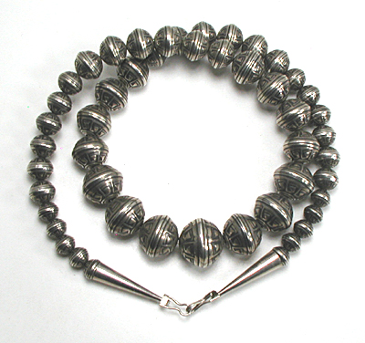 Graduated Stamped sterling silver Bead Necklace 22 1/2 inches long