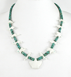 turquoise heishi and white marble animals necklace 22 inches long